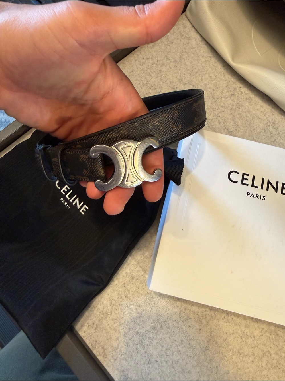 Celine Monogram Canvas Belt with Silver Triomphe Buckle and Black Leather interi